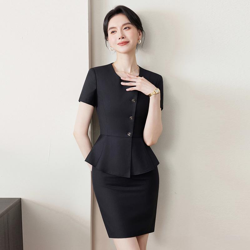 Women's Professional Ruffled Suit Set - Short-Sleeved, Cinched Waist for Hotel Reception Businesswear