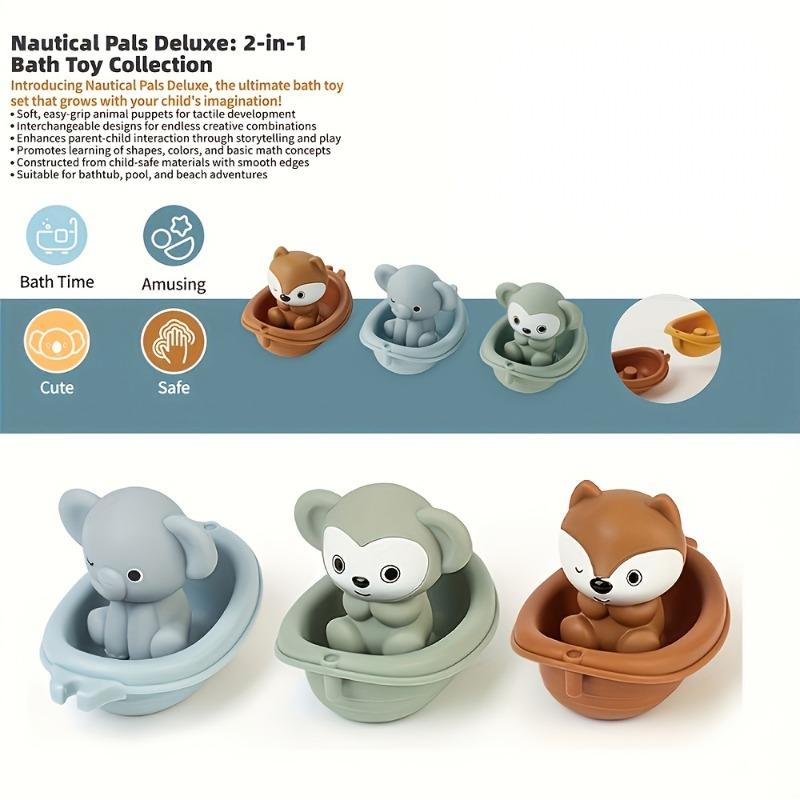 1/3Pcs Kids Bath Toys, Floating Animal & Stacking Boat Design, Squeeze Finger Puppets, Perfect for Holiday Gifts.