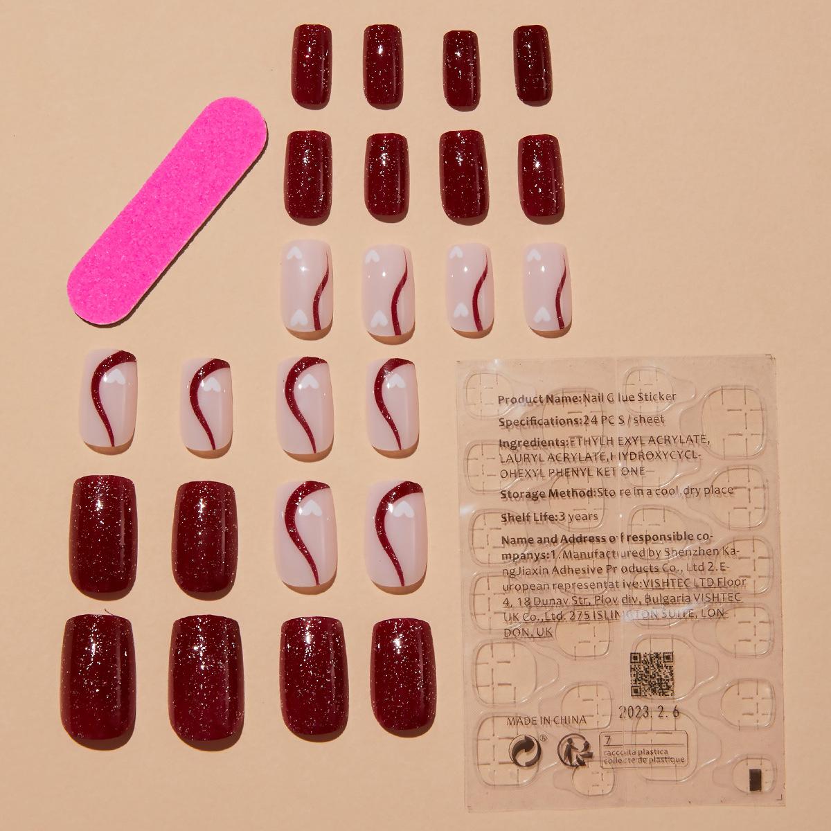 

День святого Валентина Глубокий красный глиттер Сердце любви Наклейки для ногтей - Короткие носибельные накладные ногти