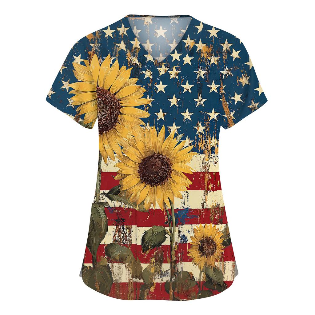 Modische Arbeitskleidung für Damen mit V-Ausschnitt, kurzen Ärmeln und bedruckten Taschen