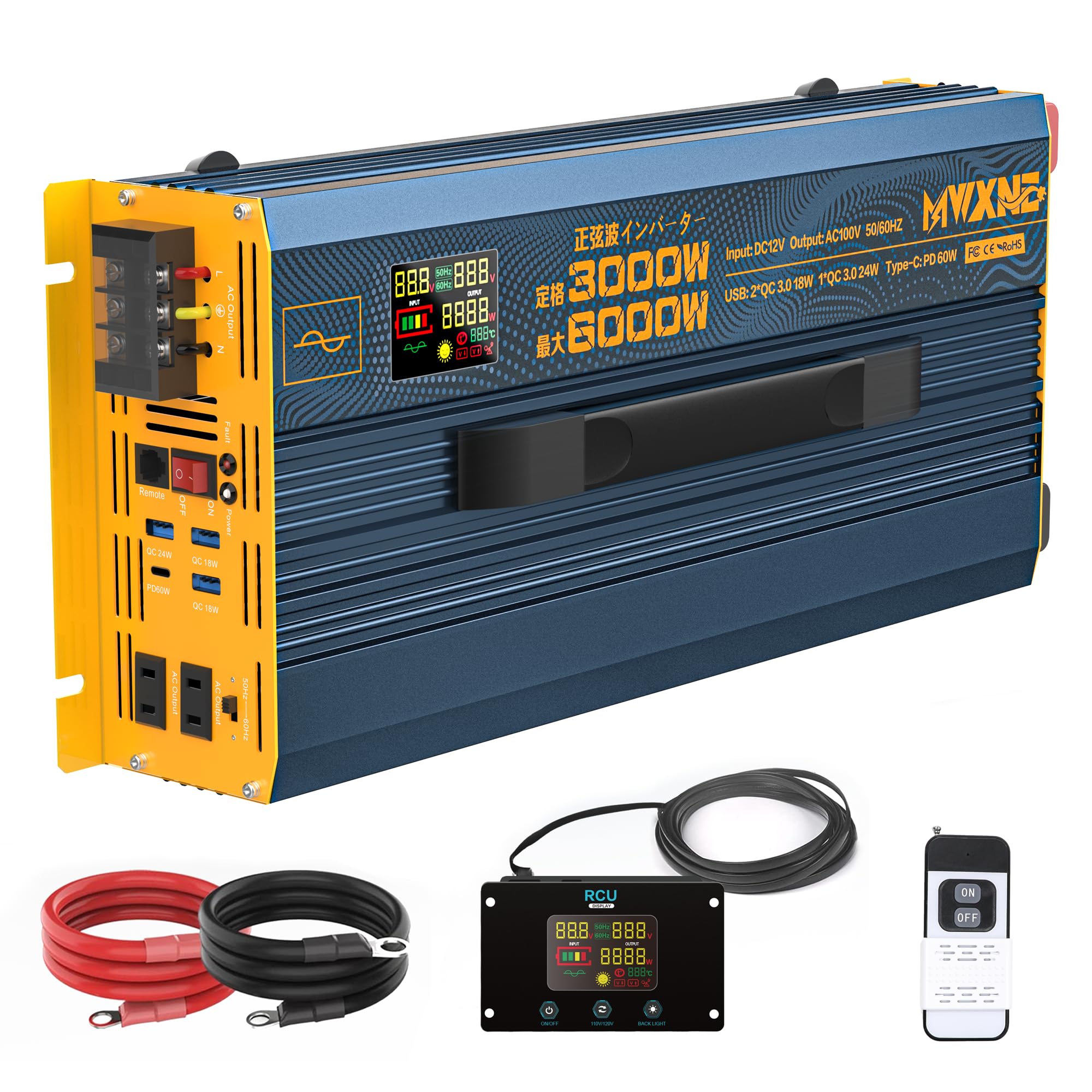 

Інвертор MWXNE, синусоїда, 12 В, 100 В, 3000 Вт, макс. 6000 Вт, перетворює 12 В постійного струму на 100 В змінного струму, PD60 Вт, швидка зарядка, 4 порти, перемикання, дистанційне керування з 2 пультами