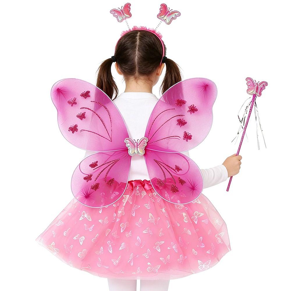 4Pcs/Set Fairy Princess Costume Butterfly Wings Puff Skirt Butterfly Wing Set Headband Fairy Wand Princess Party Costume