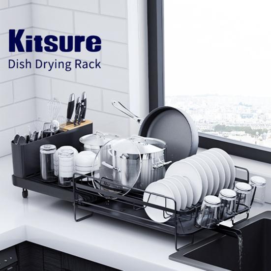 Extendable Dish Drying Rack Dish Organizer with Drainage Multifunctional Dish Rack with Cutlery And Cup Holders for Kitchen Countertop