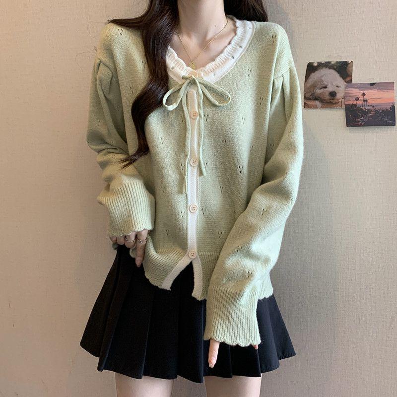 

Plus Size Women s Autumn Bowknot Slimming Knit Cardigan - Age-Reducing Tummy Covering Top S 40-49kg абрикосовый