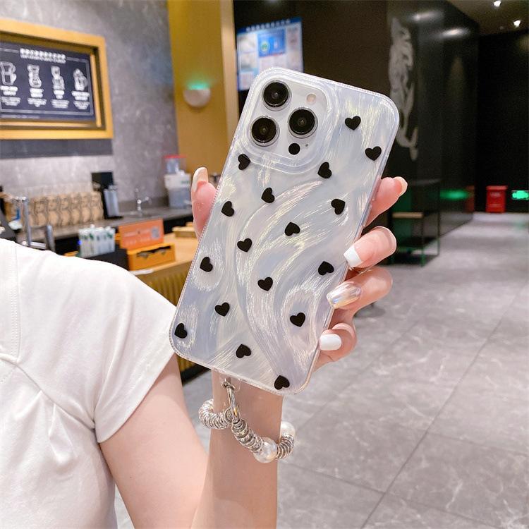 Feather Yarn Silver Suitable for Iphone16pro Small Love Protective Case for Apple 12/14 Pearl Diamond Chain Hard Protective Case