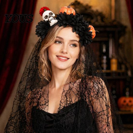 Halloween Party Hair Accessory Pumpkin Skull Floral Headband, Stable Hoop with 3D Artificial Costume Headband Flowers And Spiderweb Black Gauze Gothic