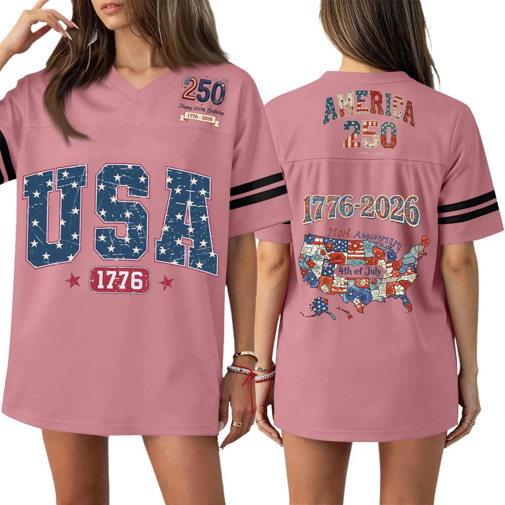 Damska Codzienna Modna Koszulka Sportowa z Dekoltem V z Nadrukiem na Dzień Niepodległości Krótkim Rękawem Top