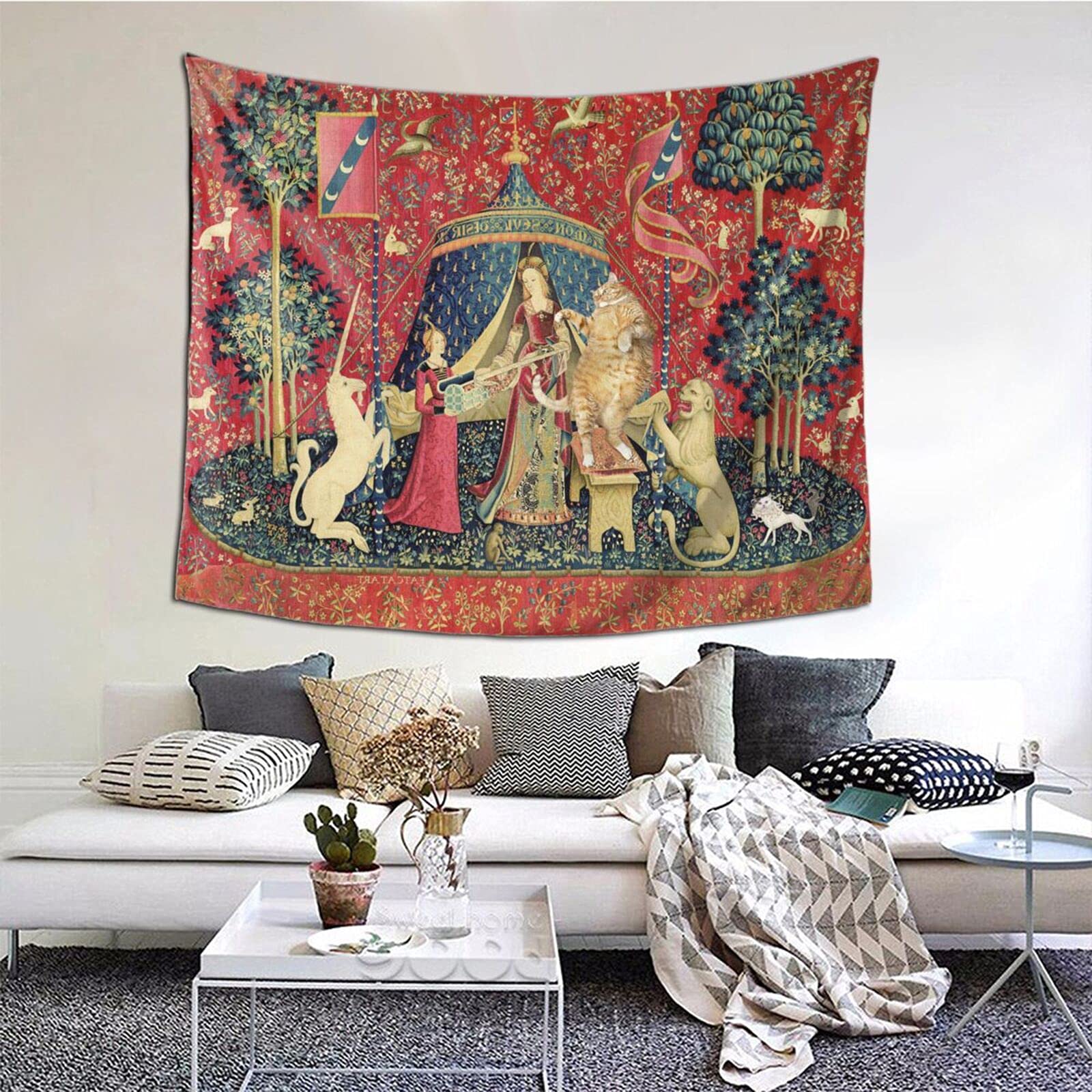 

The Lady and the Unicorn Wall Wall Living Unique Fabric 130x150cm Tapestry, Stylish, Hanging, Decoration, Interior, Home, Room, Bedroom, Makeover, красный
