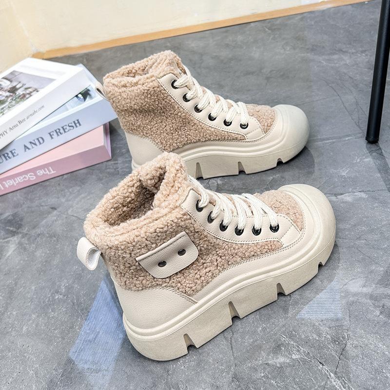 Winter Warm Snow Boots for Women Lace-Up Anti-Slip Faux Fur Lined Ankle Booties Chunky Platform Plush Lined High Top Shoes Women's Fleece Short Boots