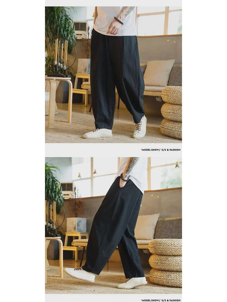 Men's National Trend Loose Harem Pants: Cotton & Linen, Plus Size, Wide Leg, Spring/Summer Casual Wear