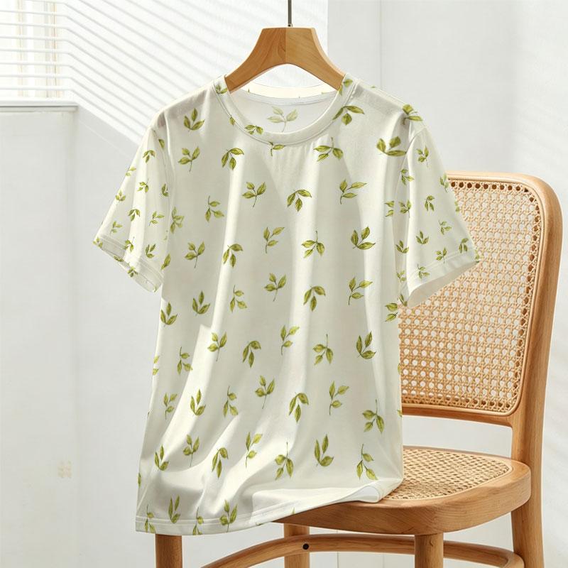 Women's Casual Short Sleeve T-Shirt Minimalist Green Leaf Print, Soft Comfy Summer Beach Tee, Perfect for Daily Wear & Work Commute