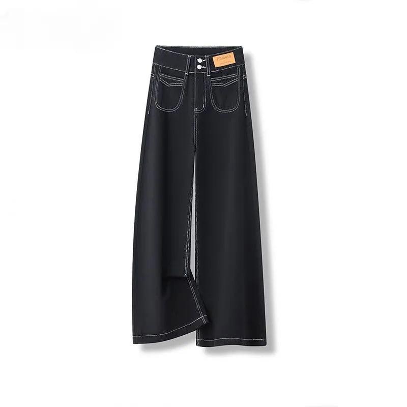Women's Black Wide-Leg Jeans, 2025 Spring/Autumn: High-Waist, Buttoned, Slimming, Floor-Length, Straight Fit.