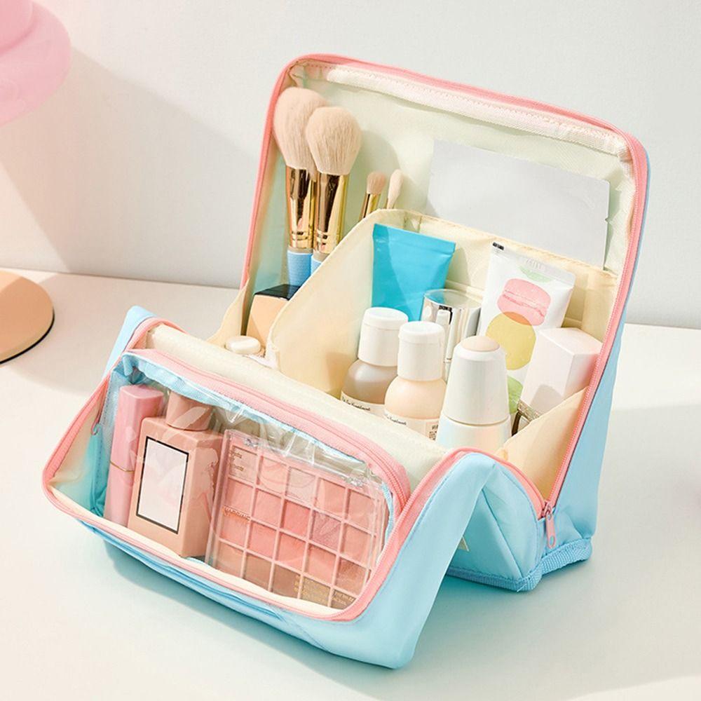 Large Capacity Vertical Makeup Bag Multi-Compartment Standable Skincare Storage Bag Portable Partitioned Student Stationery Bag