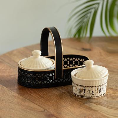 Dining Table With Spoons & Iron Holder (Non Air-Tight, Set Of 2, 160 Ml)|Ceramic Jars For Kitchen Storage Pickle Jar For Storage,Black