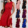 Fashion Summer Spring Solid Color Print  Sleeveless O-Neck Casual Dresses