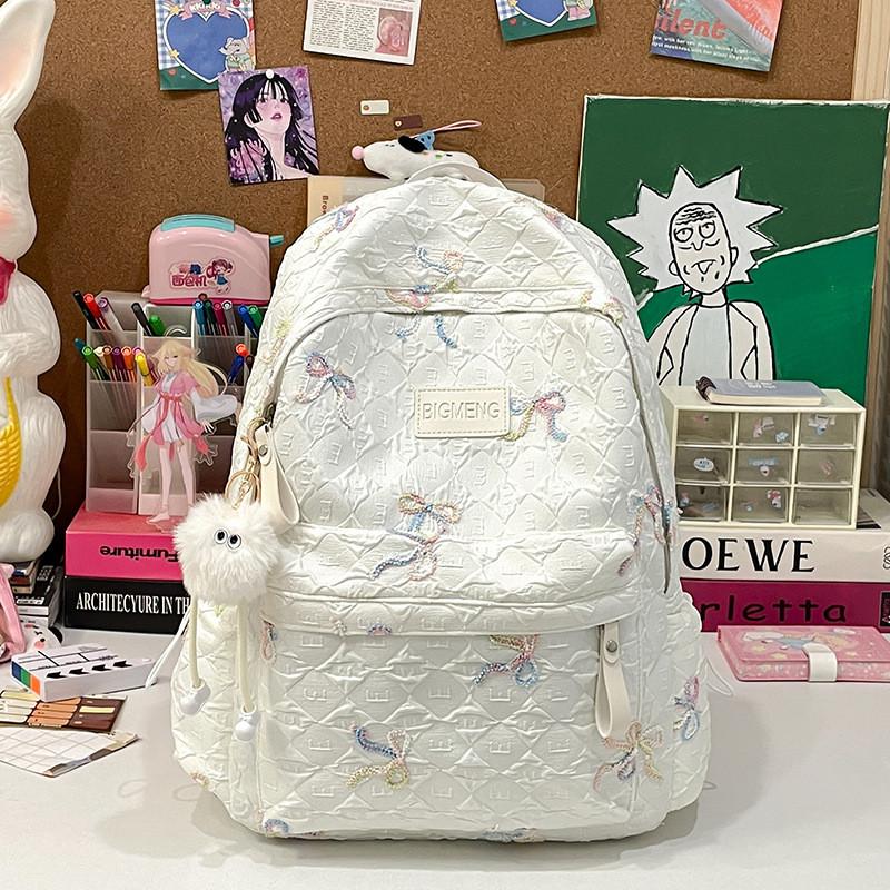 School Minimalist Nylon Backpack With Bow Embroidery Design For Teens Daily