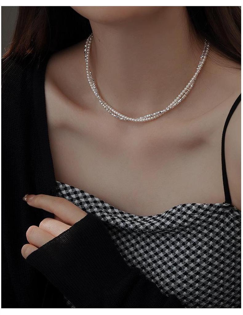 Double Layer Shredded Silver Pearl Necklace - Elegant Women's Clavicle Chain, Versatile Fashion Accessory, French Retro Style