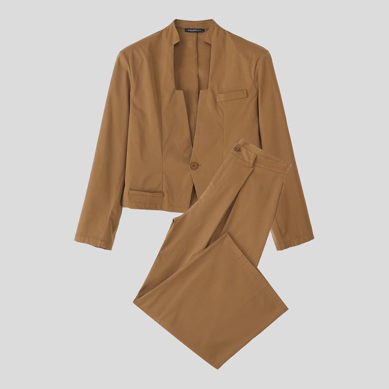 INCERUN Men Outfits Long Sleeve Cropped Tops and Long Pants Casual Party Sets