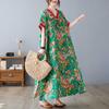 Summer New Printed V-neck Loose Large Size Chinese Style Long Dress Temperament Female