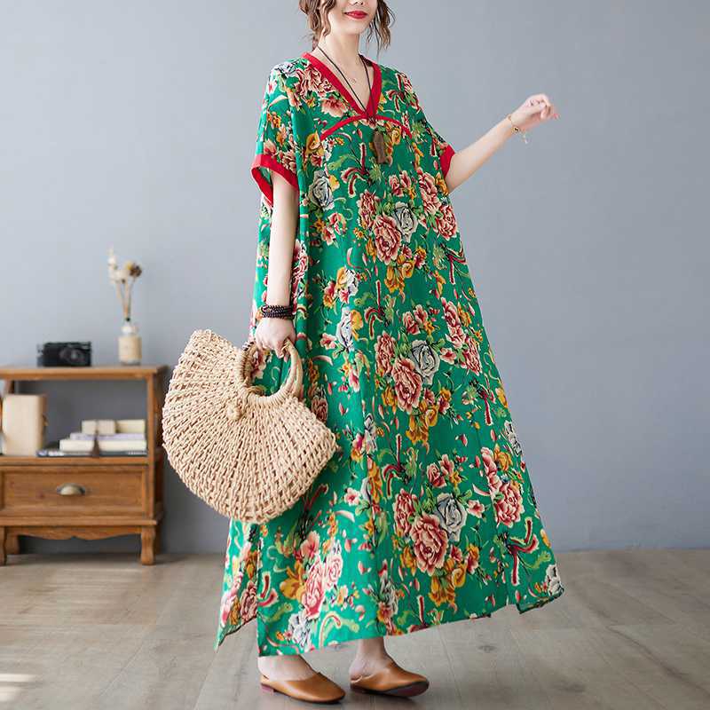 Summer New Printed V-neck Loose Large Size Chinese Style Long Dress Temperament Female
