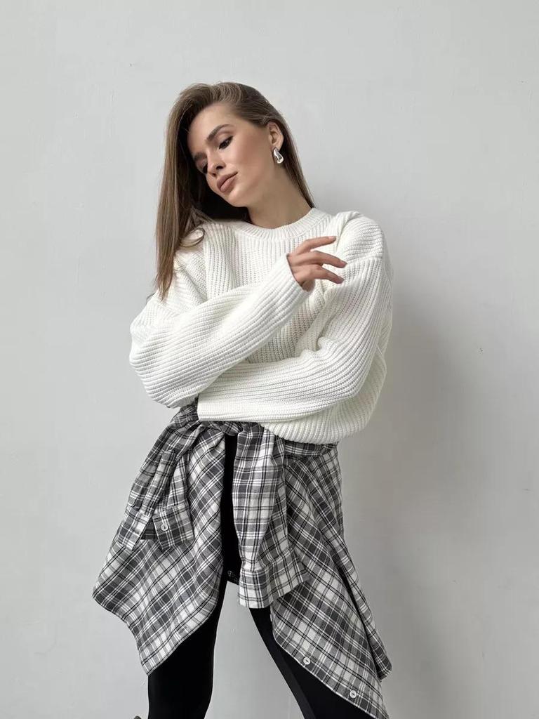 Plain Round Neck Sweater - 2024 European & American Spring/Autumn Loose Knit Pullover for Women