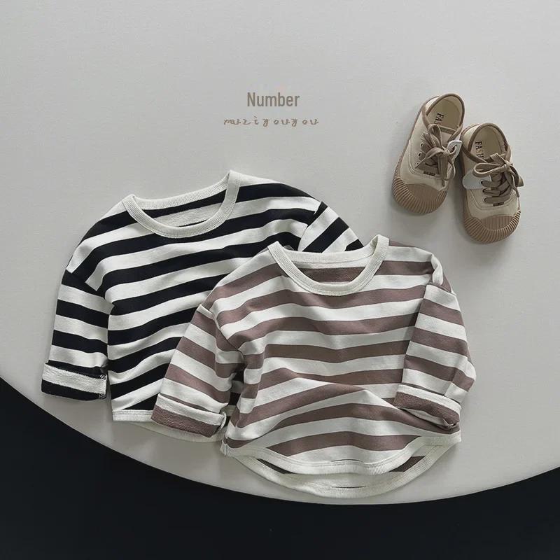 Tricou cu mânecă lungă cu dungi pentru copii de toamnă 2025 - stil coreean pentru băieți și fete