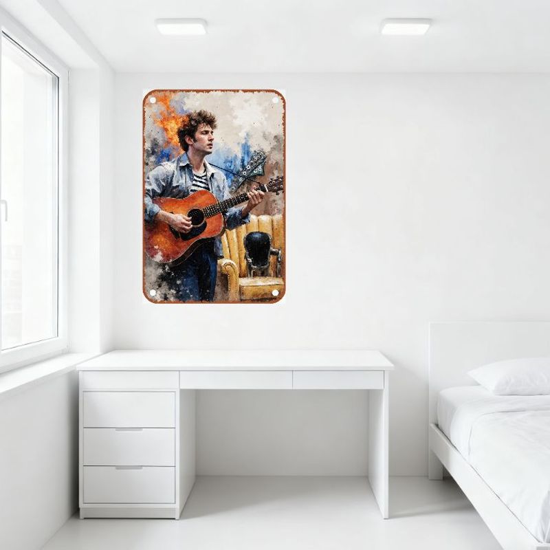 Vintage Metal Tin Sign, Watercolor Man Playing Acoustic Guitar with Retro Couch & Chair, Rusty Border, Wall Art for Home Bar Man