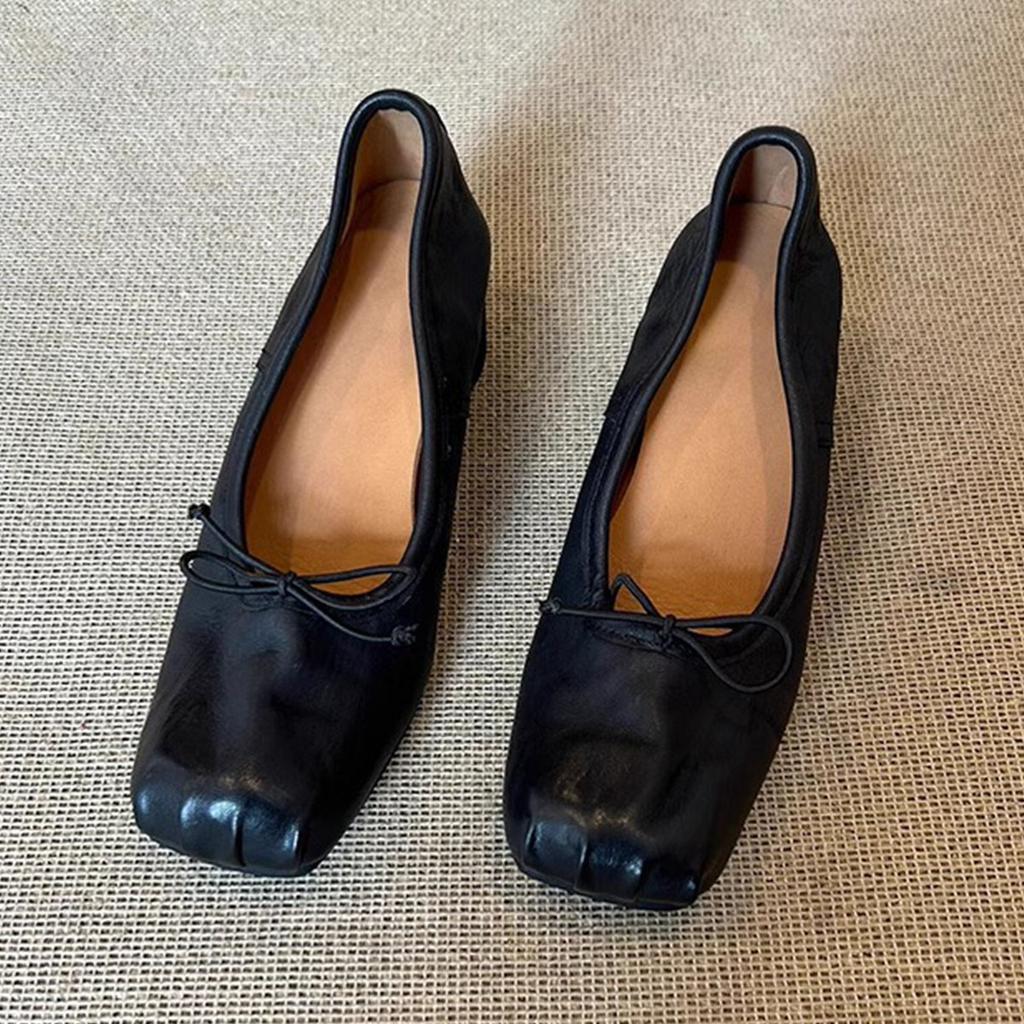 Mode Fyrkantig Tå rynkiga Mary Jane Skor Mjukt Läder Rund Klack Ballerinaskor För Kvinnor Slip On med Rosett Franska Retro Pumps