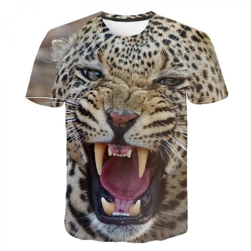Mens Short Sleeve T-Shirt With 3D Leopard Head Print Loose Fit Cotton Blend Tee Casual Wear