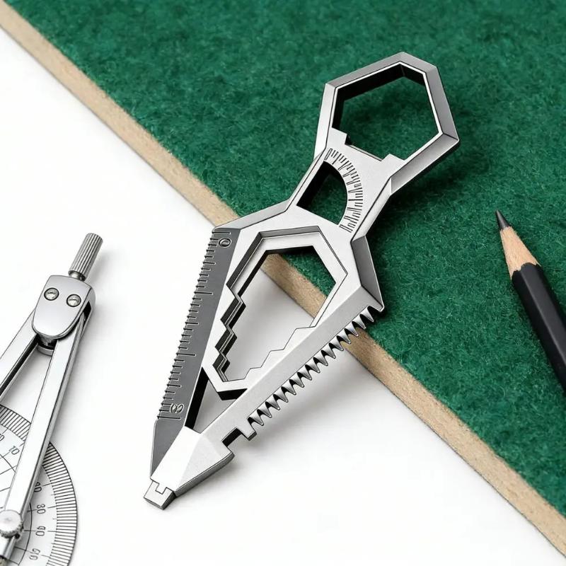 Lightweight 9-in-1 Stainless Steel Keychain Features Protractor Ruler for Easy Outdoor Access