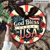 2D Flat, God Bless America Patriotic Metal Sign, Round Aluminum Wall Decor with American Flag Floral Design, Perfect for Independence Day, Veterans