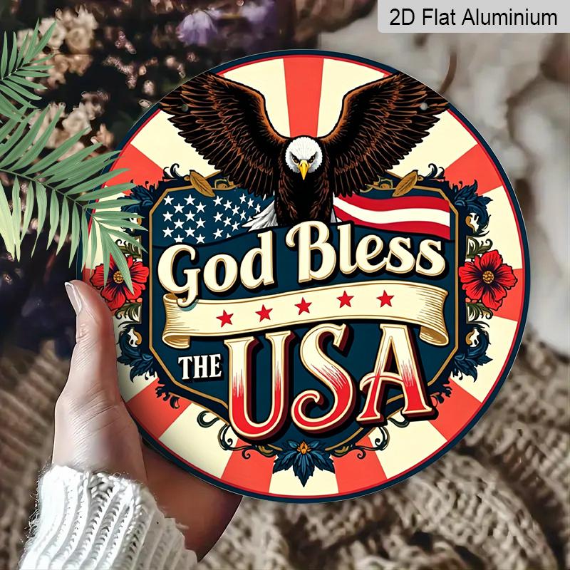 2D Flat, God Bless America Patriotic Metal Sign, Round Aluminum Wall Decor with American Flag Floral Design, Perfect for Independence Day, Veterans