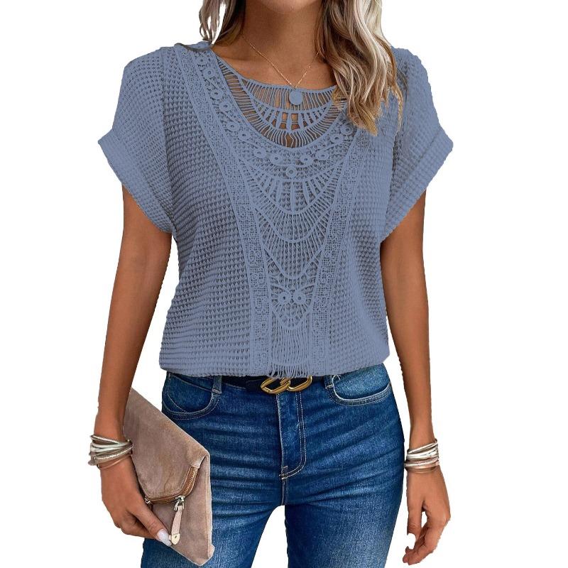 Lace Splicing Crew Neck T-shirt, Casual Short Sleeve Top For Spring & Summer, Women's Clothing
