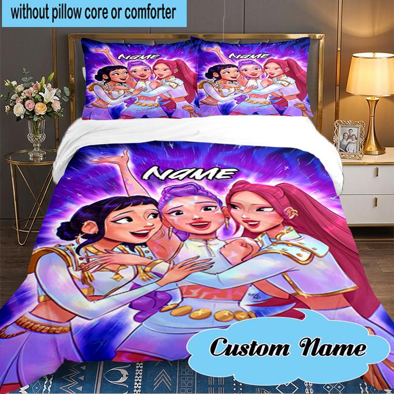 Custom Name 3PCS KPop Cartoon Bedding Set Including 1pc Duvet Cover And 2pcs Pillowcases for Bedroom, Dormitory Gift Home Decor