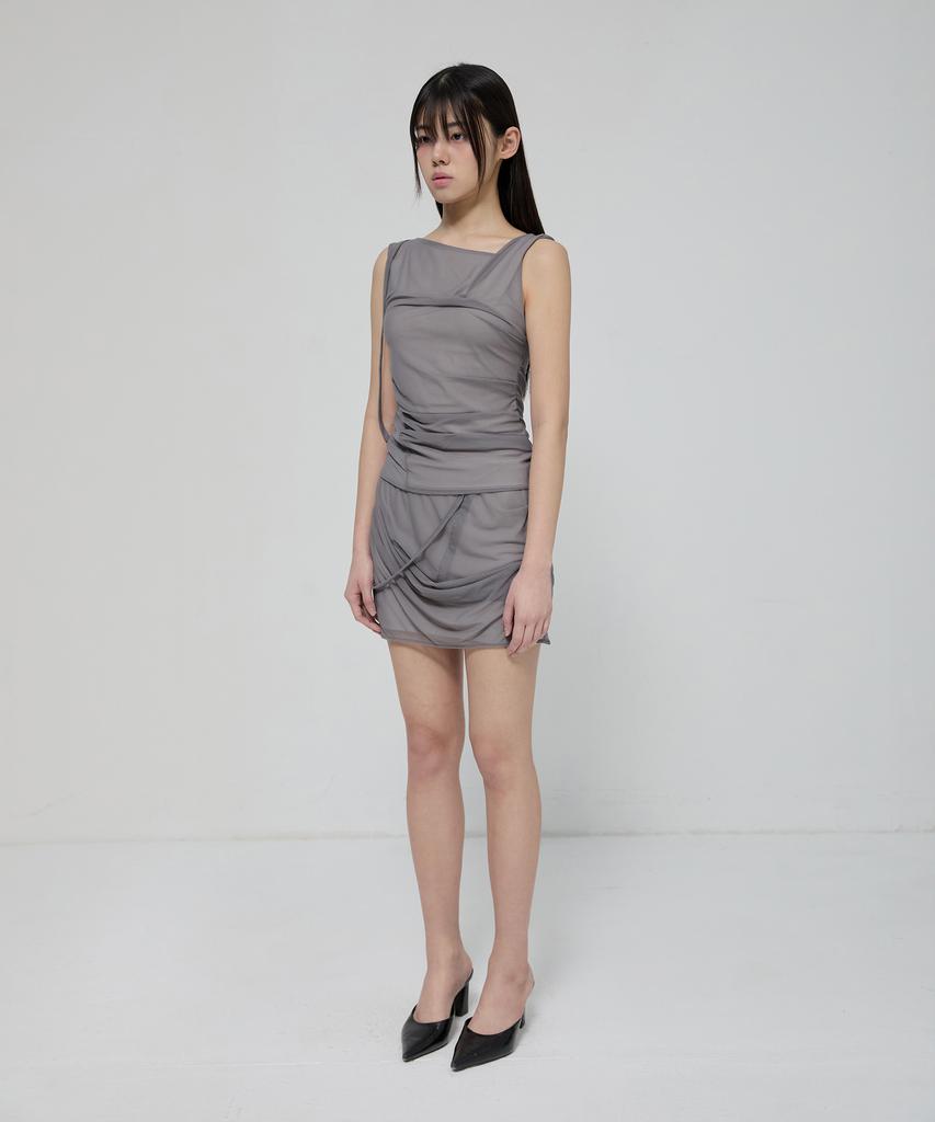 Peulleeoeob Draped Mesh Layered Mini Skirt (Fl-265_Gray)