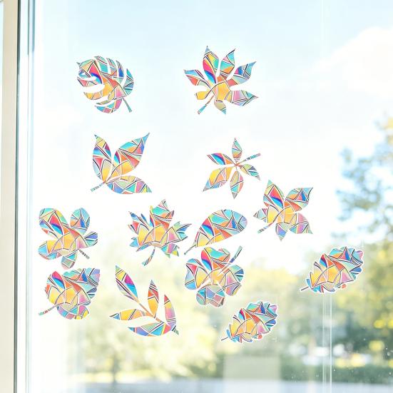 3 Sheets Rainbow Leaf Window Clings Prism Static PVC Window Decals for Bird Strike Prevention Reusable Window Sticker for Glass Doors Windows