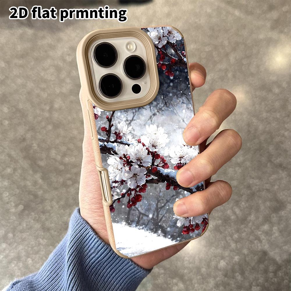 Phone Case: 2D Flat Lambskin Suitable for iPhone 18, 17, 16, 15, 14, 13 Pro Film Protective Case, Snow and Cold Plum, Christmas and Halloween Gift