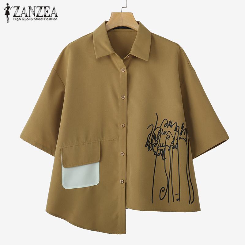 ZANZEA Damen Bluse mit Umlegekragen und kurzen Ärmeln, unregelmäßigem Saum und lässigem Print