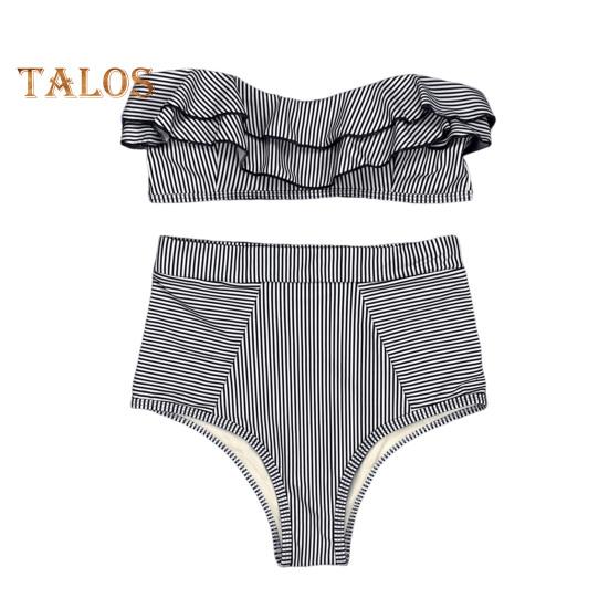 

2 шт./комплект пляжный комплект бикини с оборками в полоску пэчворк танкини с высокой талией раздельный пляжный эластичный быстросохнущий купальный костюм S чёрный