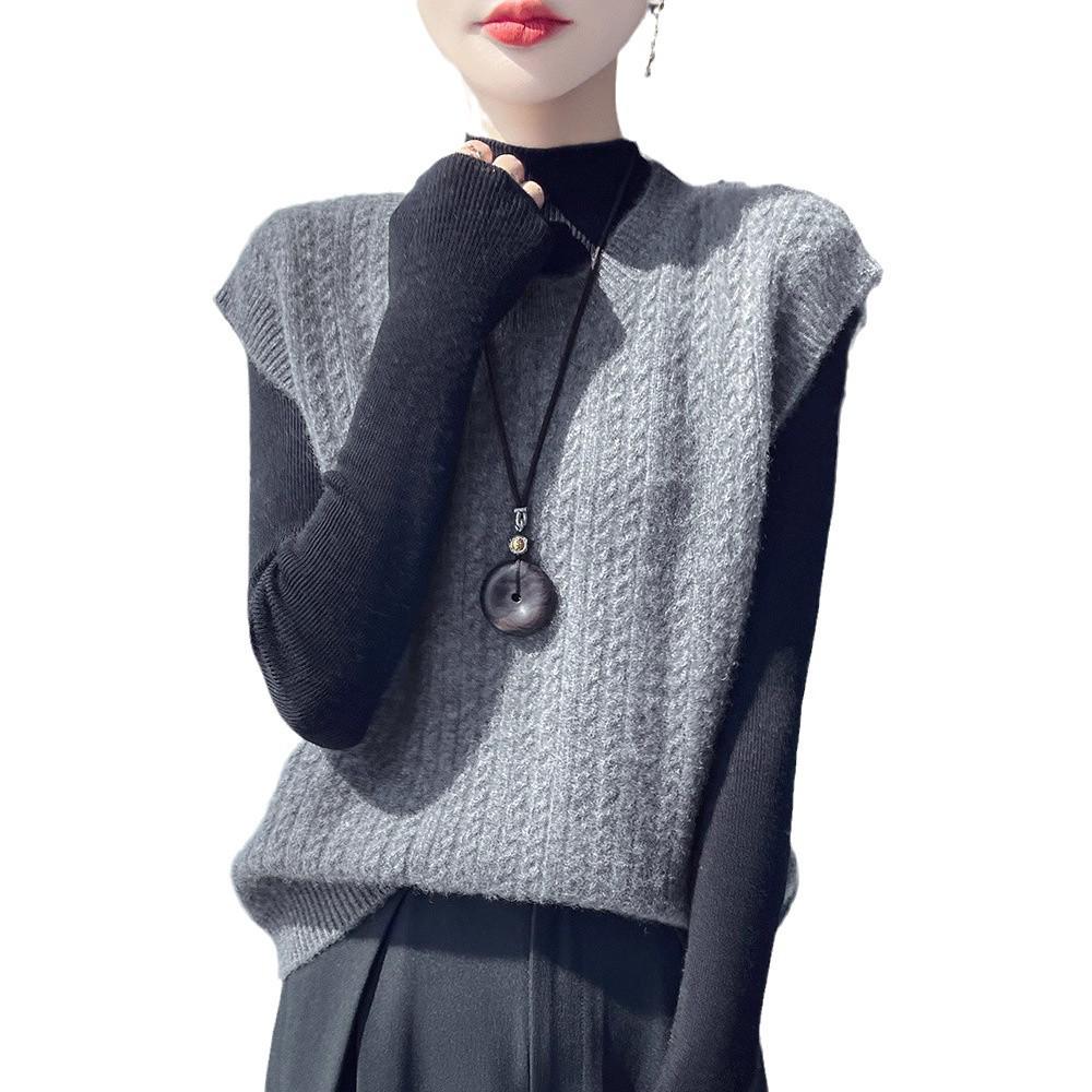 Dámská zesílená vlněná pletená vesta s copánkovým vzorem - Bez rukávů, pulovr s kulatým výstřihem na podzim/zimu