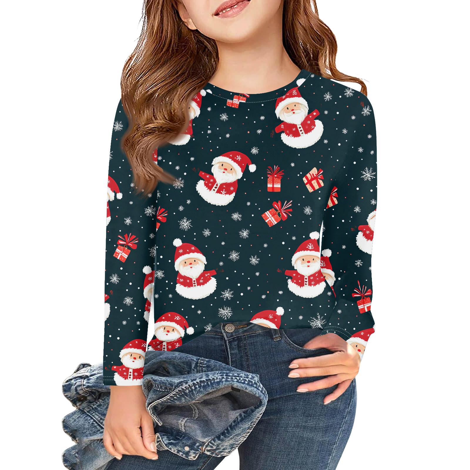 

Рождественские футболки с длинным рукавом для девочек, детские осенние топы с круглым вырезом и принтом, базовые футболки 160 арбуз красный