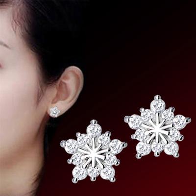 Womens Korean Fashion Anti-allergy 925 Silver Plated Simple Crystal Five-pointed Star Snowflake Ear Stud Earrings Female Pentagram Ear Jewelry Gifts