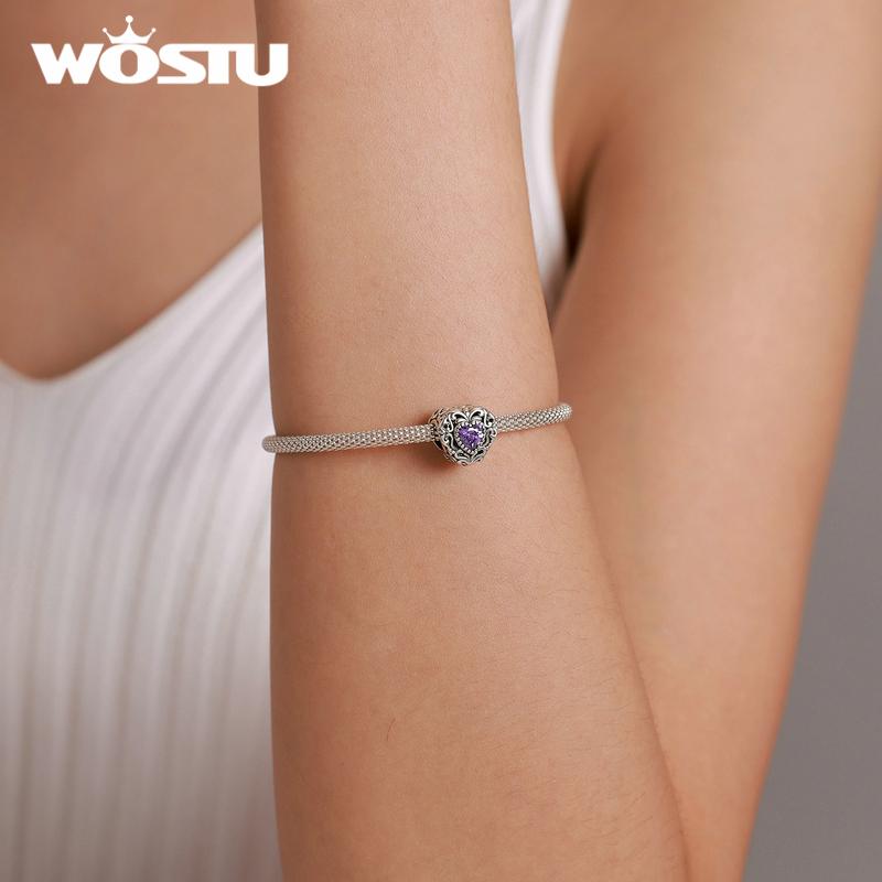 WOSTU Elegant Retro Pattern Purple Zircon Heart Shape 925 Sterling Silver Charm Pendant Beads fit Original Bracelet Bangle DIY Fine Jewelry