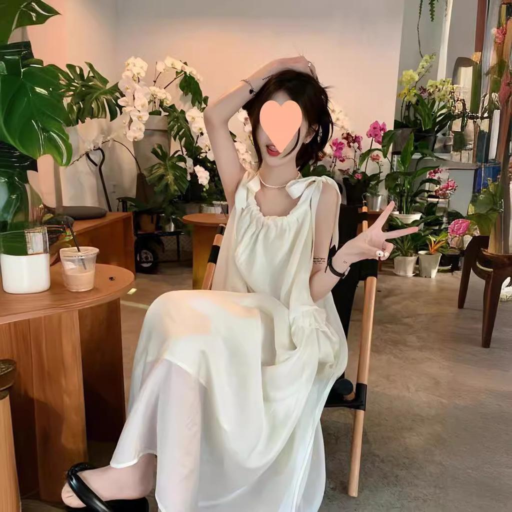 Spring Summer Women's Camisole Solid Backless DressesV-Neck Sleeveless Bow Party Casual Sexy Vacation Sweet Lady Dress