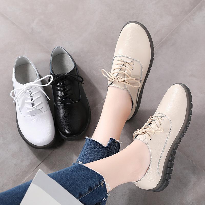 Jarní boty z pravé kůže pro ženy, ležérní protiskluzové ploché boty, univerzální bílé boty pro ženy