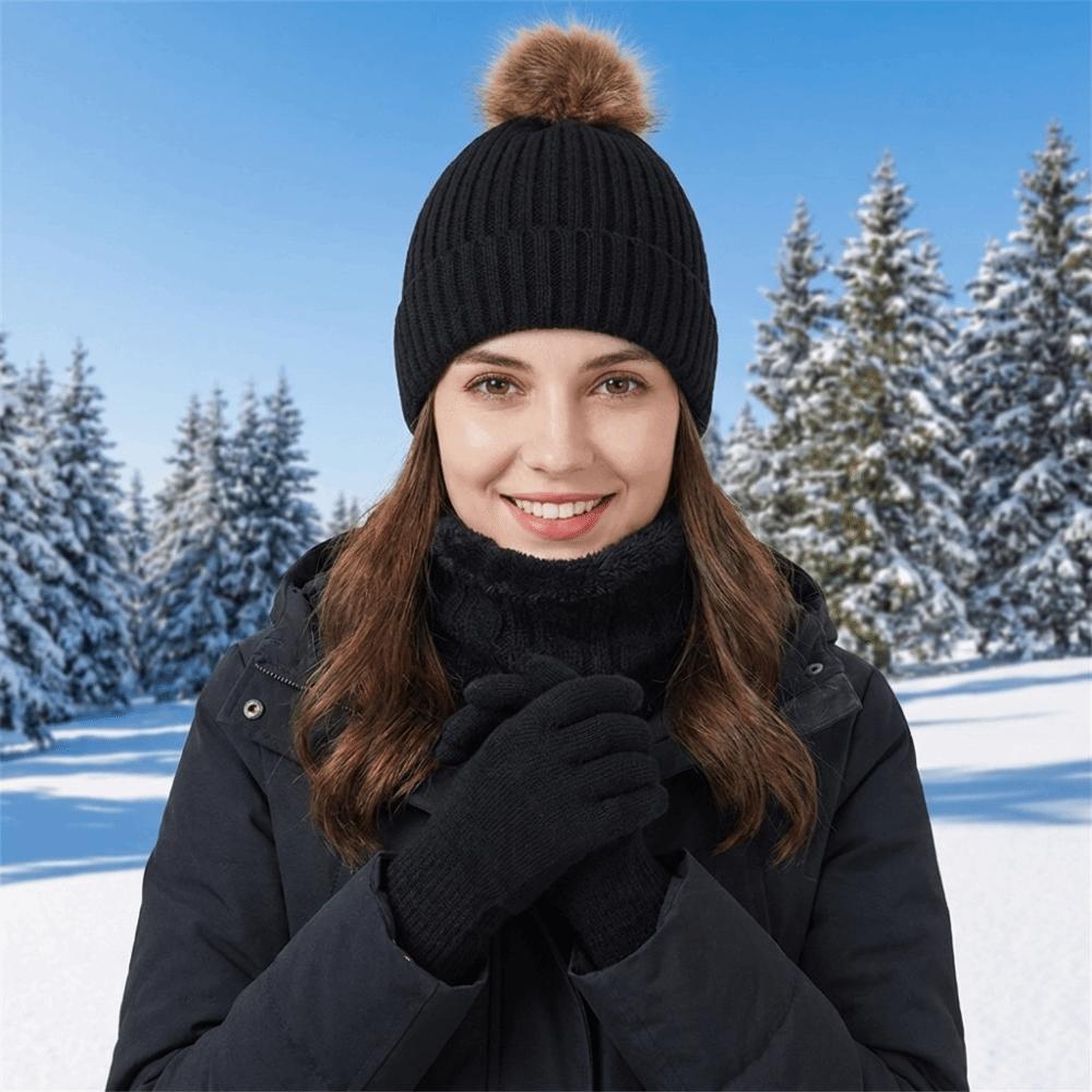Beanie Hat Pompom Beanies Hat Thickened Winter Knitted Gloves Set Hat Scarf Gloves Set  Winter