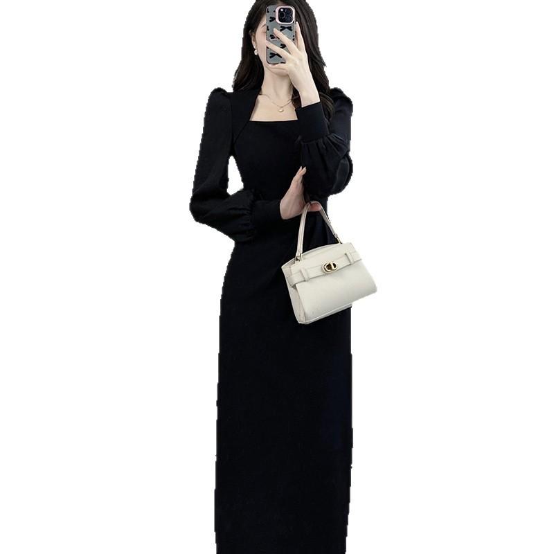 Pink Dress Women's Spring and Autumn New Slim and Thin Temperament Square Collar High-end French Casual Dress