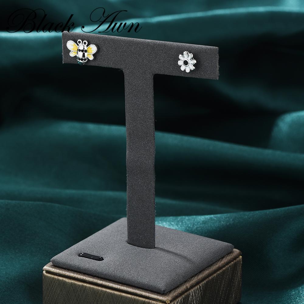 Black and White Design Black Zircon Cute Bee and Flower Stud Earrings