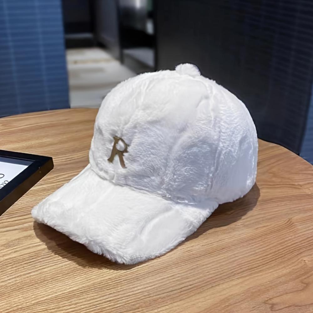 Fur Faux Baseball Cap Classic Letter R Embroidery Warm Plush Dad Hat Breathable Adjustable Winter Sun Hats For Women Outdoor