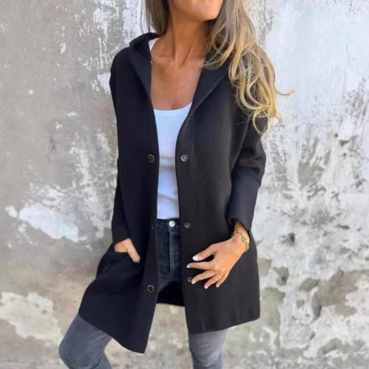 Loose Mid Length Coat Cardigan for Women Thick Hooded with Pockets Solid Color Down Button Fall Winter Outdoor Travel